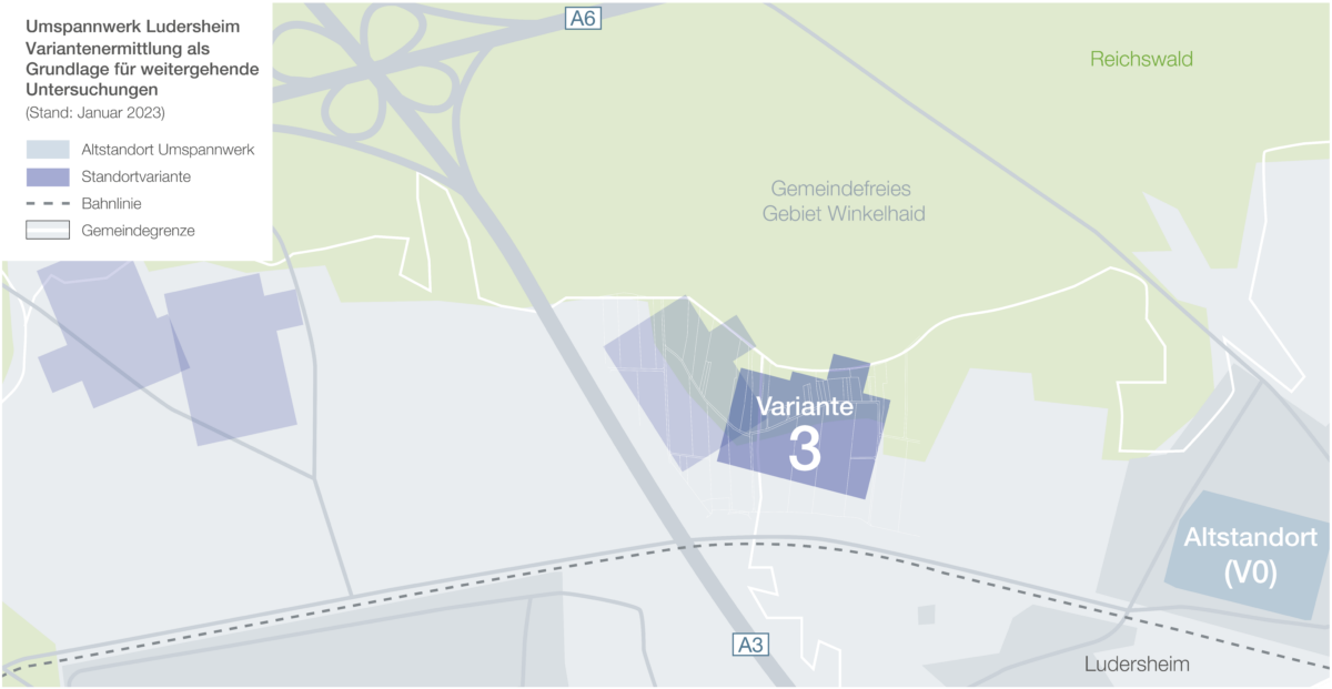 Netzbetreiber Tennet hat sich für Variante 3 als Vorzugsstandort für das geplante Umspannwerk entschieden. Er befindet sich westlich von Ludersheim. Norbert Dünkel fordert dagegen eine Verlagerung nach Norden in Richtung Autobahnkreuz.. 